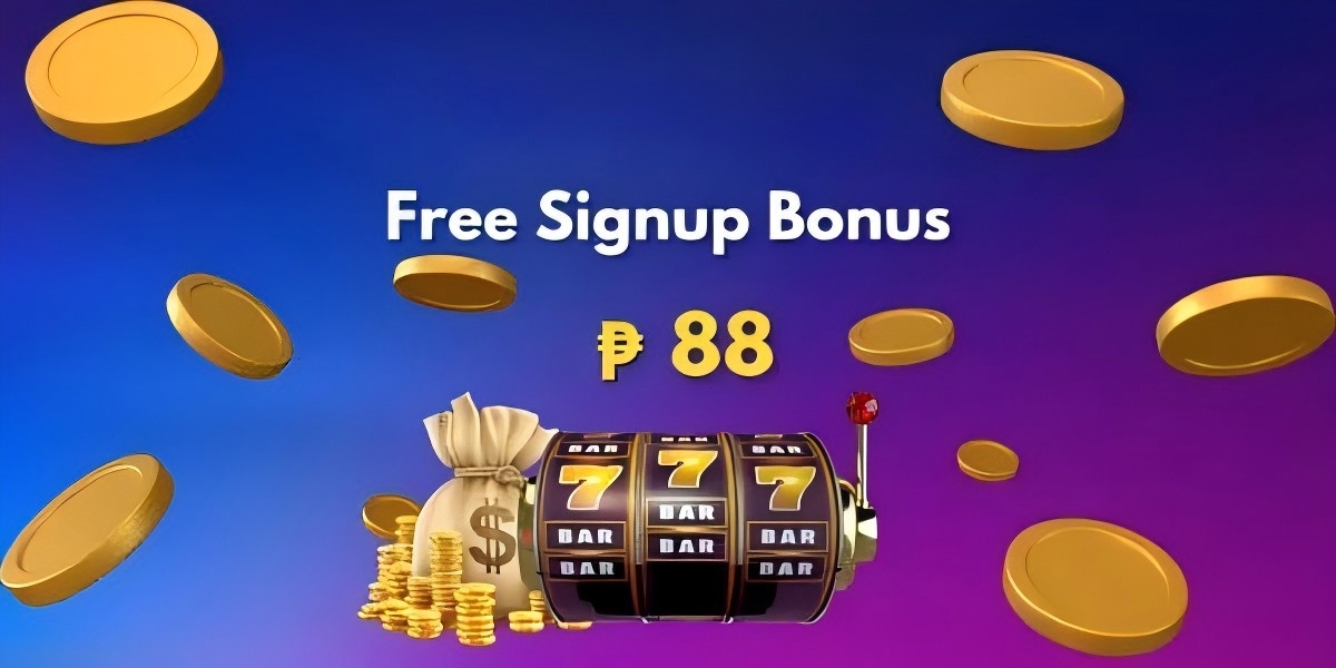 Free signup bonus banner with a purple-blue gradient, golden coins, a money bag and a slot machine showing 777